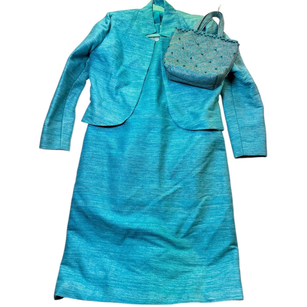 Vintage 60s Aqua Blue Dress Suit Jacket Set w/ Beaded Handbag classic retro teal